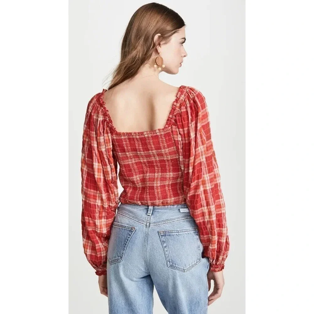 Free People Cherry Bomb Madrass Plaid Top Balloon Sleeve Women's Red Size M